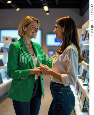 Friendly interaction in a modern electronics store setting 124539042