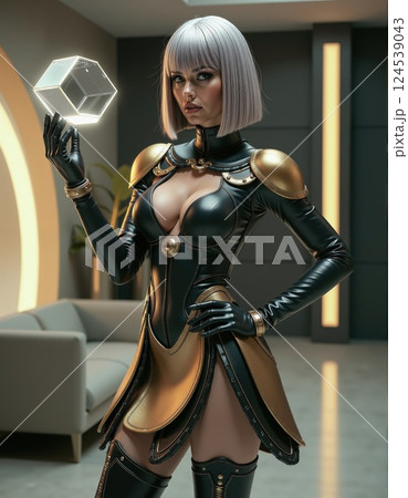 Futuristic cyber warrior with holographic cube in modern interior 124539043