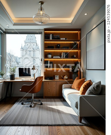 Modern home office design with cityscape view and cozy interior elements 124539076