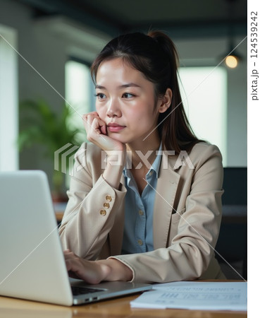 Professional woman deep in thought at modern workspace for business inspiration and motivation Professional woman deep in thought at modern workspace for business inspiration and motivation 124539242
