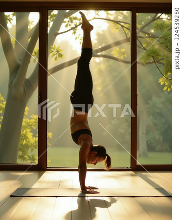 Tranquil morning yoga: woman practicing handstand in sunlit room 124539280