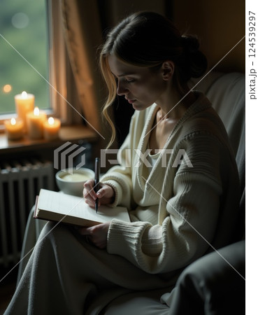 Woman journaling by candlelight on a cozy evening 124539297