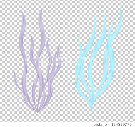 Curved underwater plant, seaweed. Watercolor and marker illustration. Marine botanical algae clipart. Hand drawn isolated art. Ocean flora shape. Suitable for cosmetic design of children's room,guide. 124539779