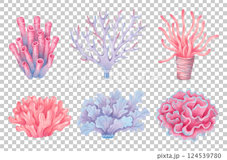 Sea corals set. Colorful ocean coral reefs. Watercolor and marker illustrations. Hand drawn isolated art. Underwater animal of seabed for kids room, shower, guidebook design. Nature ecosystem. 124539780