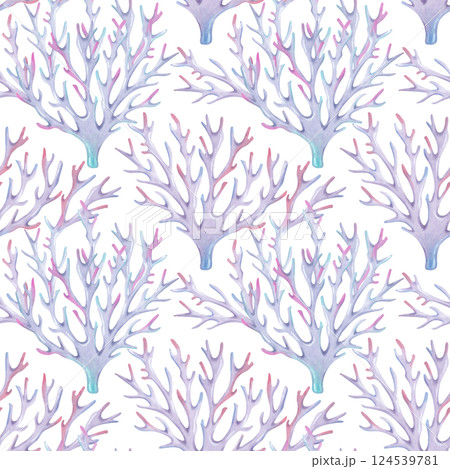 Seamless pattern of branching coral. Watercolor and marker illustrations. Ocean coral reefs, underwater animals of seabed. Hand drawn isolated art. Underwater nature background, marine ecosystem. Seamless pattern of branching coral. Watercolor and marker illustrations. Ocean coral reefs, underwater animals of seabed. Hand drawn isolated art. Underwater nature background, marine ecosystem. 124539781