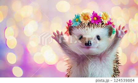 Adorable dancing hedgehog with flower crown on vibrant background. concept of playful wildlife, cute animals, joyful nature moments, Funny pet, Summer Celebration, Hawaiian Flower Lei. Copy space Adorable dancing hedgehog with flower crown on vibrant background. concept of playful wildlife, cute animals, joyful nature moments, Funny pet, Summer Celebration, Hawaiian Flower Lei. Copy space 124539804