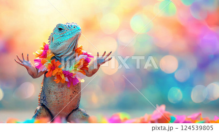 Colorful dancing iguana wearing floral lei with cheerful in vibrant background. concept of playful wildlife, tropical vibe, joyful nature, Funny animal, Summer Celebration, Hawaiian. Copy space Colorful dancing iguana wearing floral lei with cheerful in vibrant background. concept of playful wildlife, tropical vibe, joyful nature, Funny animal, Summer Celebration, Hawaiian. Copy space 124539805