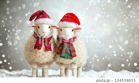 Two fluffy sheep in christmas themed attire amidst falling snowflakes. concept of holiday spirit, winter festivity, seasonal joy. Copy space 124539833
