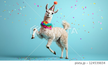 Cheerful llama wearing shiny party hat with colorful decorations and confetti on blue background. concept of celebration, festive pet, playful mood, Funny animal, humor 124539834