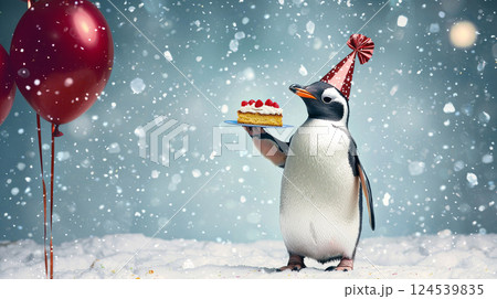 Penguin celebrates with cake and party hat in snowy wonderland. concept of festive celebration, birthday fun, winter party scene, Funny animal, humor. Copy space 124539835