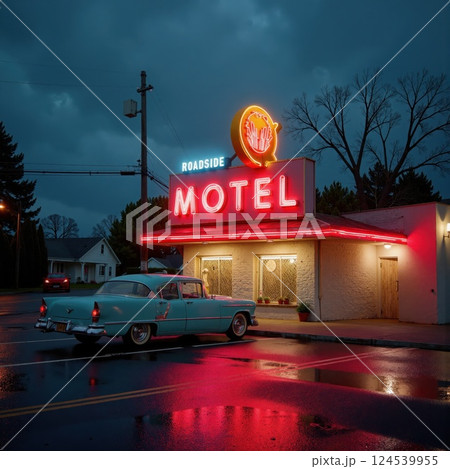 Nostalgic roadside motel with vintage car at twilight - iconic americana scene 124539955