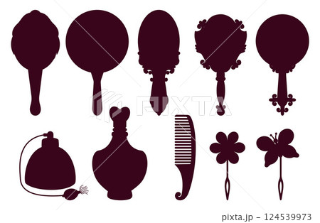 Silhouette Vintage Coquette Mirror, Comb, Magic Bottle, Perfume and Hair Clip Decoration set. Romantic Girly Vibe. Vector illustration. Isolated Aesthetic black beauty accessories drawings Silhouette Vintage Coquette Mirror, Comb, Magic Bottle, Perfume and Hair Clip Decoration set. Romantic Girly Vibe. Vector illustration. Isolated Aesthetic black beauty accessories drawings 124539973