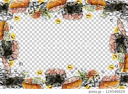 Traditional Japanese food, gunkan inari sushi with raw fish salmon tuna crab, caviar cucumber ginger hand drawn in watercolor and ink. Border frame for restaurant, cafe menu, kitchen, recipe book 124540029