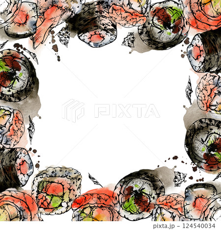 Traditional Japanese food, sushi rolls california philadelphia alaska, with raw fish salmon unagi tuna shrimp, hand drawn in watercolor and ink. Border frame for restaurant, cafe menu, recipe book Traditional Japanese food, sushi rolls california philadelphia alaska, with raw fish salmon unagi tuna shrimp, hand drawn in watercolor and ink. Border frame for restaurant, cafe menu, recipe book 124540034