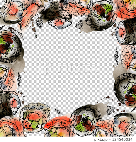 Traditional Japanese food, sushi rolls california philadelphia alaska, with raw fish salmon unagi tuna shrimp, hand drawn in watercolor and ink. Border frame for restaurant, cafe menu, recipe book Traditional Japanese food, sushi rolls california philadelphia alaska, with raw fish salmon unagi tuna shrimp, hand drawn in watercolor and ink. Border frame for restaurant, cafe menu, recipe book 124540034