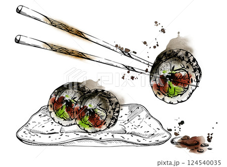 Japanese food sushi rolls on chopsticks, ceramic plate with raw fish unagi nori avocado sesame with soy sauce bowl, hand drawn in watercolor, ink. Illustration for restaurant, cafe menu, recipe book Japanese food sushi rolls on chopsticks, ceramic plate with raw fish unagi nori avocado sesame with soy sauce bowl, hand drawn in watercolor, ink. Illustration for restaurant, cafe menu, recipe book 124540035