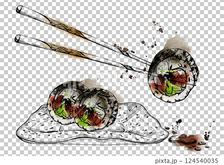Japanese food sushi rolls on chopsticks, ceramic plate with raw fish unagi nori avocado sesame with soy sauce bowl, hand drawn in watercolor, ink. Illustration for restaurant, cafe menu, recipe book Japanese food sushi rolls on chopsticks, ceramic plate with raw fish unagi nori avocado sesame with soy sauce bowl, hand drawn in watercolor, ink. Illustration for restaurant, cafe menu, recipe book 124540035