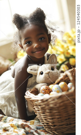 Black preschooler girl with bunny toy, basket of Easter eggs sitting at home, looking at camera. 124540303