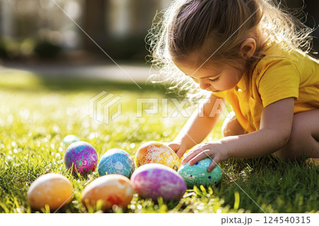 Toddler girl in yellow t-shot enjoying Easter egg hunt in sunlit meadow. Easter kids celebration. 124540315