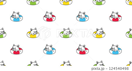 dog seamless pattern french bulldog  swimming ring inflatable pool beach ocean puppy vector pet breed cartoon gift wrapping paper repeat wallpaper tile background doodle illustration isolated design 124540498