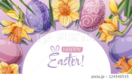 Happy Easter Banner Design with Colorful Easter Eggs and yellow daffodils. Vector Background for Cards, Posters, Advertising 124540535