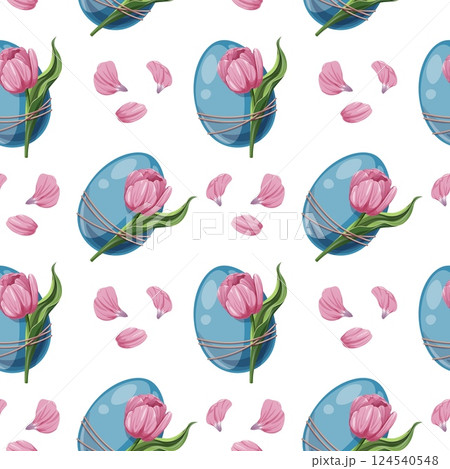Seamless Pattern with Easter Egg and Pink Tulip. Easter Background for Fabric, Wallpaper, Wrapping Paper, etc. Happy Easter Design. Seamless Pattern with Easter Egg and Pink Tulip. Easter Background for Fabric, Wallpaper, Wrapping Paper, etc. Happy Easter Design. 124540548