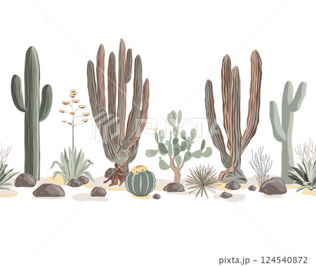 Cactus and succulents seamless border. Giant cardon, Saguaro cactus and agaves seamless pattern. Cacti landscape background, vector illustration 124540872