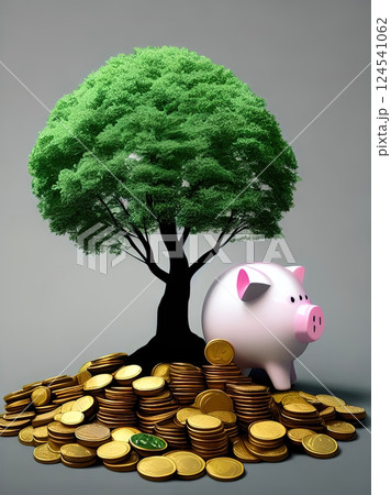 Growing Savings: Tree of Wealth and Piggy Bank 124541062
