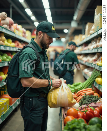 Grocery shopping experience: customers selecting fresh produce in a store aisle 124541188