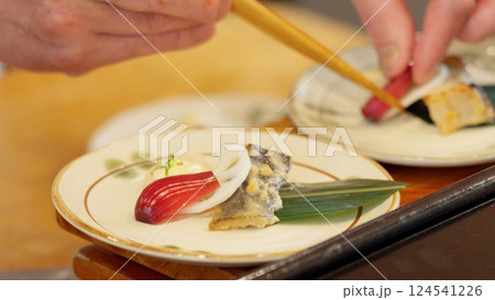 料理の盛りつけをする和食の料理人	 124541226