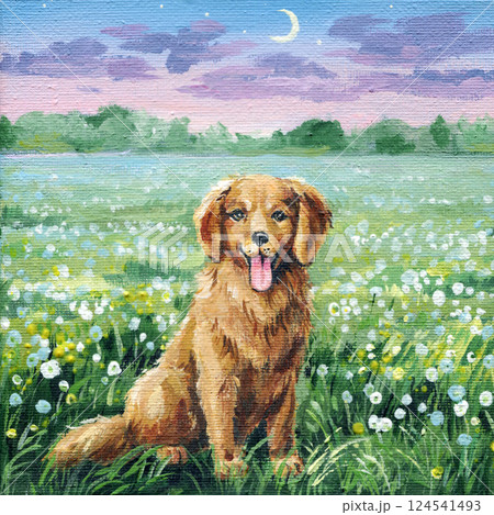 Golden Retriever in Blooming Field under Crescent Moon, Acrylic Painting on canvas.Happy Dog in Summer Meadow Landscape Golden Retriever in Blooming Field under Crescent Moon, Acrylic Painting on canvas.Happy Dog in Summer Meadow Landscape 124541493