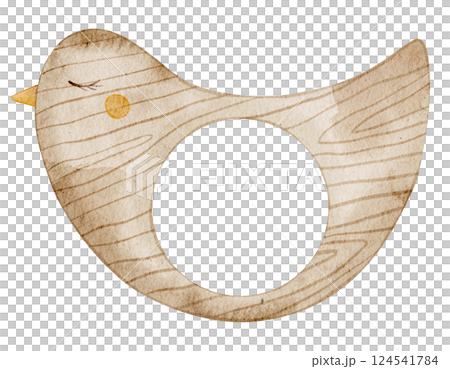 Wooden bird shaped baby Teether. Watercolor illustration of cute childish Rodent. Art of eco kids Toy for newborn party invitations or greeting cards. Element on isolated background for nursery poster 124541784