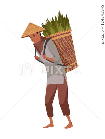 Asian farmer in straw conical hat. Asia rural culture. Chinese farmer carrying yields rice harvest on his shoulders. Vector cartoon illustration 124541945
