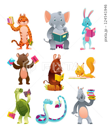 Animals reading books and studying, icon set. Kids characters reading books. Cartoons for school education and library. Vector illustration for children 124541946