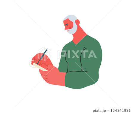 Writing people, modern flat vector concept illustration- standing man thoughtfully writing on notebook. Metaphor for reflection, personal insight, contemplation, creative expression 124541951