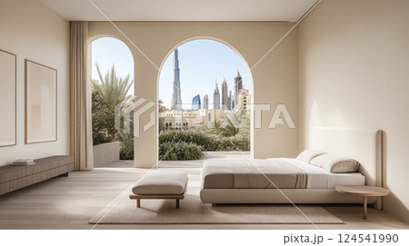 Stylish bedroom with a large window highlights an urban skyline and outdoor terrace, offering a serene escape in warm beige tones Stylish bedroom with a large window highlights an urban skyline and outdoor terrace, offering a serene escape in warm beige tones 124541990