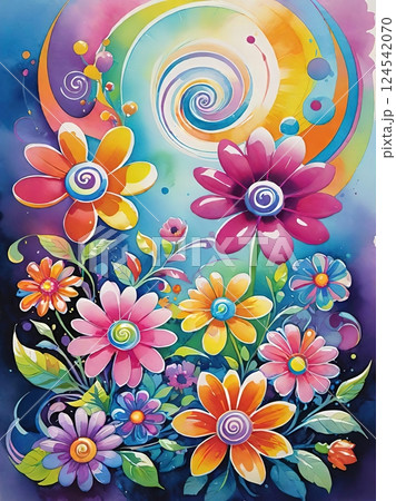 The image of a vibrant and colorful garden of stylized flowers in watercolor style. Sunlit Blooms: A Watercolor Garden 124542070