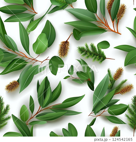 Delicate arrangement of eucalyptus and flowers in white and orange tones on a cream backdrop, perfect for modern decor SEAMLESS PATTERN 124542165