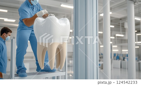 Miniature workers in blue uniforms construct a large tooth on a city tower, symbolizing collaboration in dental care and design 124542233