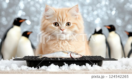 An orange cat manages the grill, cooking fish as curious penguins watch closely in a snowy Antarctic landscape 124542265