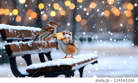 A cute bird and mouse share a piece of cheese amidst colorful autumn leaves, creating a delightful moment in nature 124542284