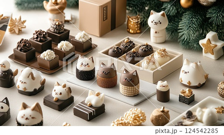 Close-up view of a chocolate box filled with charming chibi cat faces, each nestled in its own section, showcasing high detail 124542285
