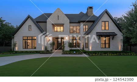 Stunning luxury home features large windows and an inviting atmosphere, glowing warm lights create elegance against the twilight backdrop 124542300