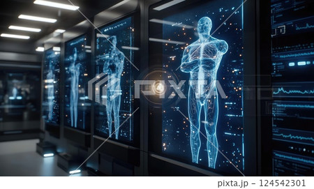 A medical lab features holograms of the human body surrounded by cutting-edge equipment and blue ambient light 124542301