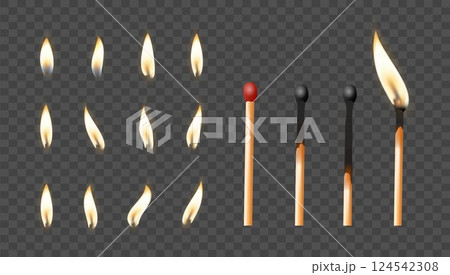Matchbox, empty package for match sticks in top and perspective view. Realistic mockup of 3d blank box. Stages of burning the match. Symbol of ignition burning. Vector 124542308