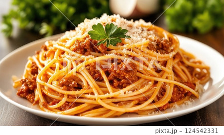 Close-up of spaghetti Bolognese layered with textures, topped with Parmesan cheese and set against a softly colored backdrop Close-up of spaghetti Bolognese layered with textures, topped with Parmesan cheese and set against a softly colored backdrop 124542331