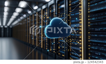 Digital illustration of cloud computing with glowing blue lights and a modern data center, symbolizing speed and connectivity 124542343