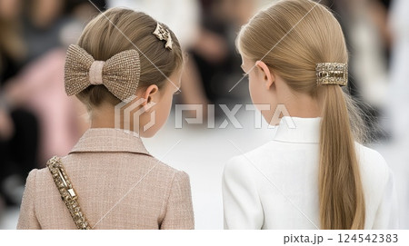 A little girl showcases a peach suit and elegant accessories while walking the runway during a fashion event 124542383
