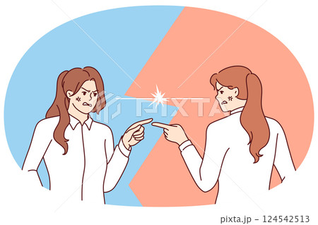 Angry women argue and point fingers at each other, blaming colleague for making mistake at work 124542513