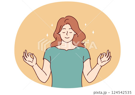 Serene woman meditating making mudra gesture and practicing yoga to bring thoughts in order 124542535